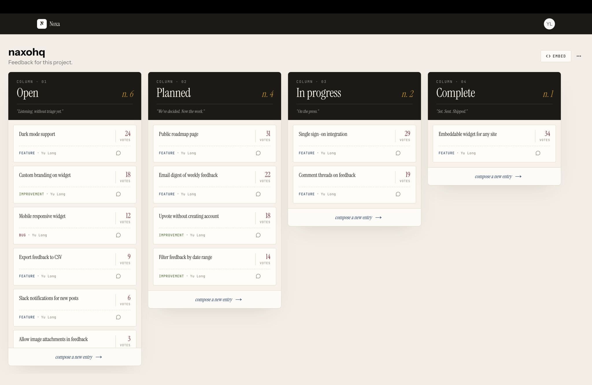 Noxa dashboard — kanban board showing customer feedback organised by status